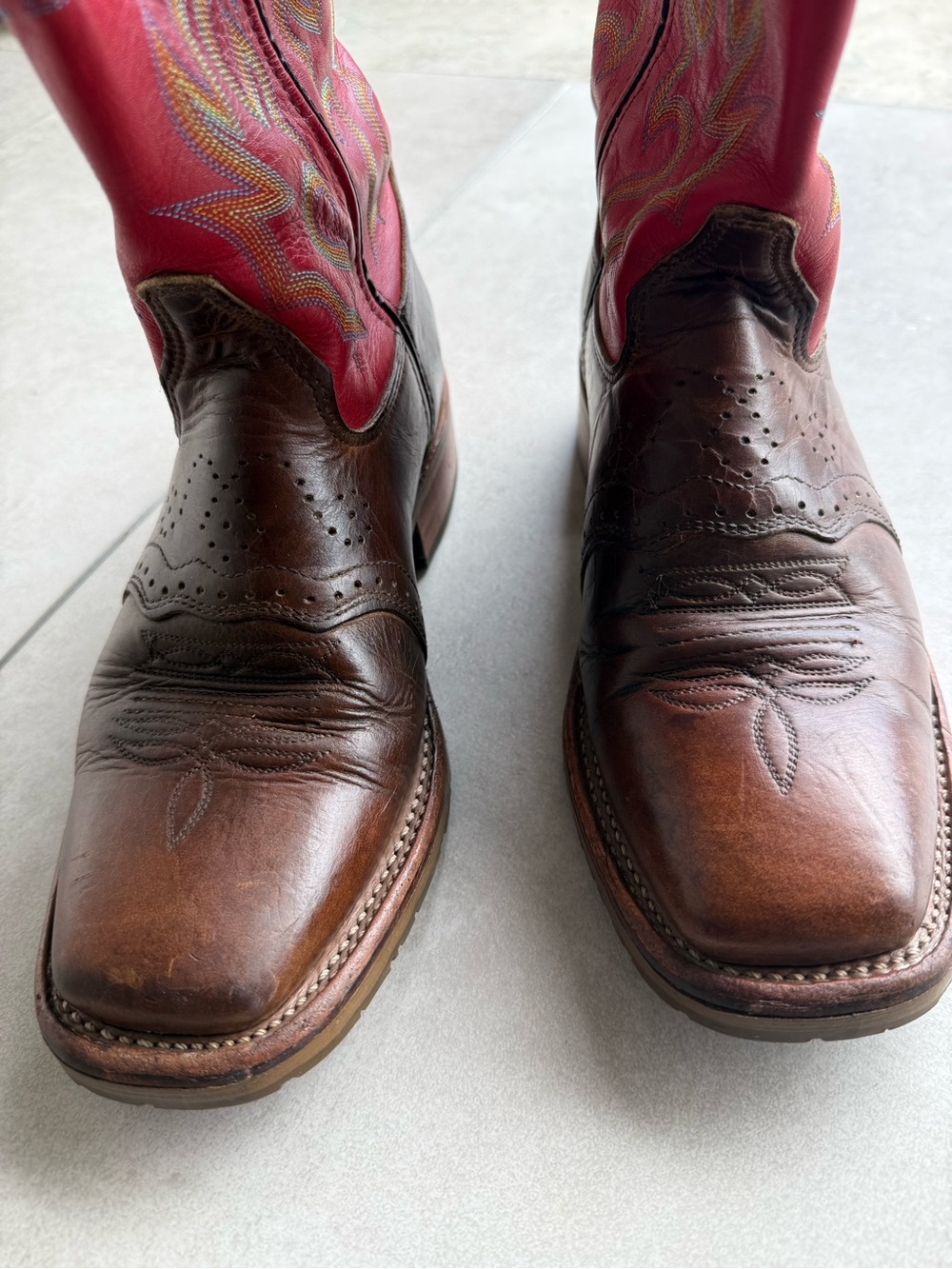 Double H Brown Leather Western Boots SZ 9with Red Embroidered Shaft square front - Picture 3 of 12
